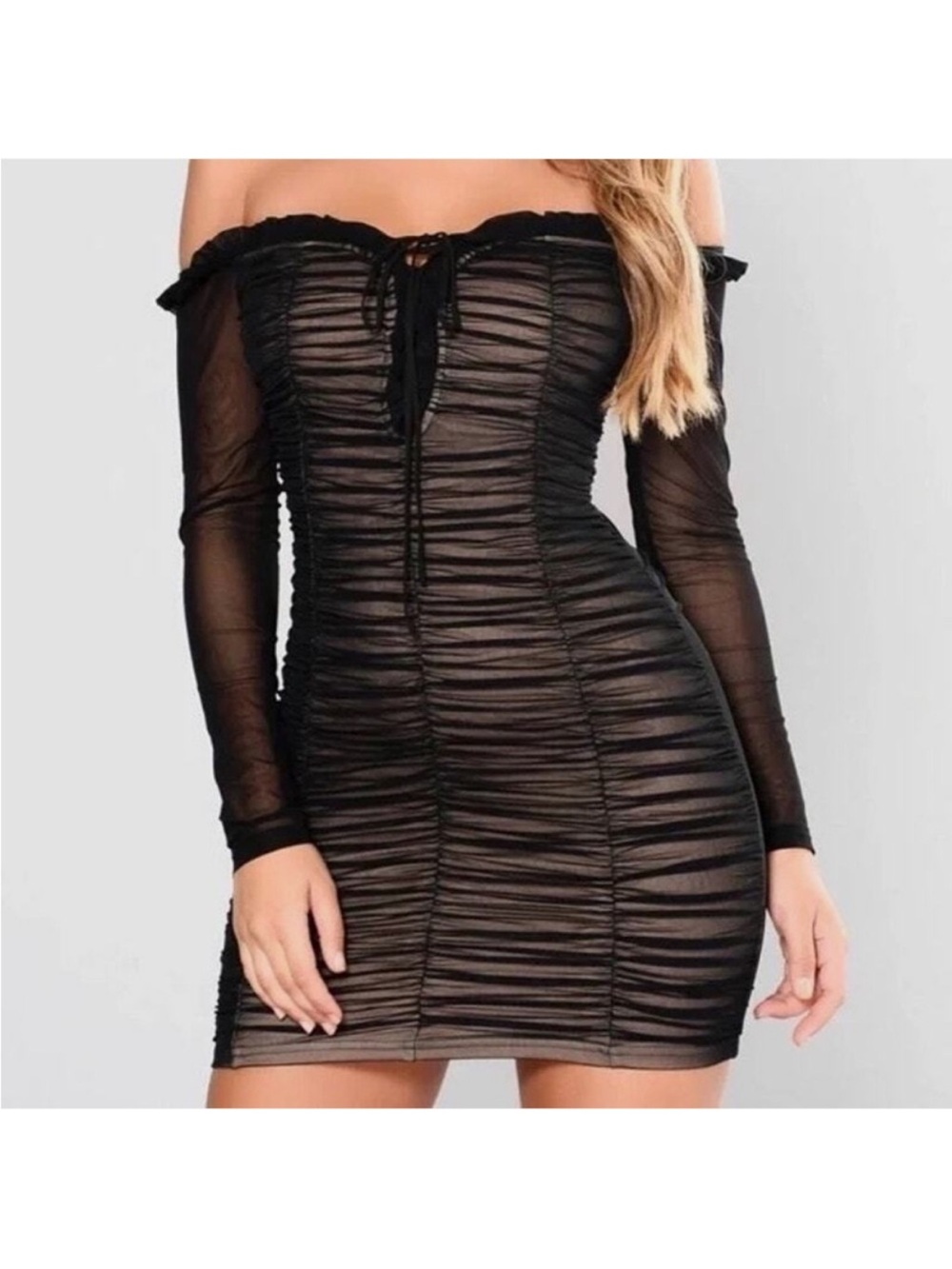 Fashion Nova Black Off-Shoulder Ruched Mesh Bodycon Dress